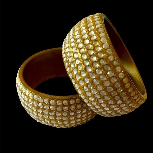 Brass Rhinestone Bangle Bracelets Vintage Set of Two Boho Gold Classic Bling - Picture 1 of 1